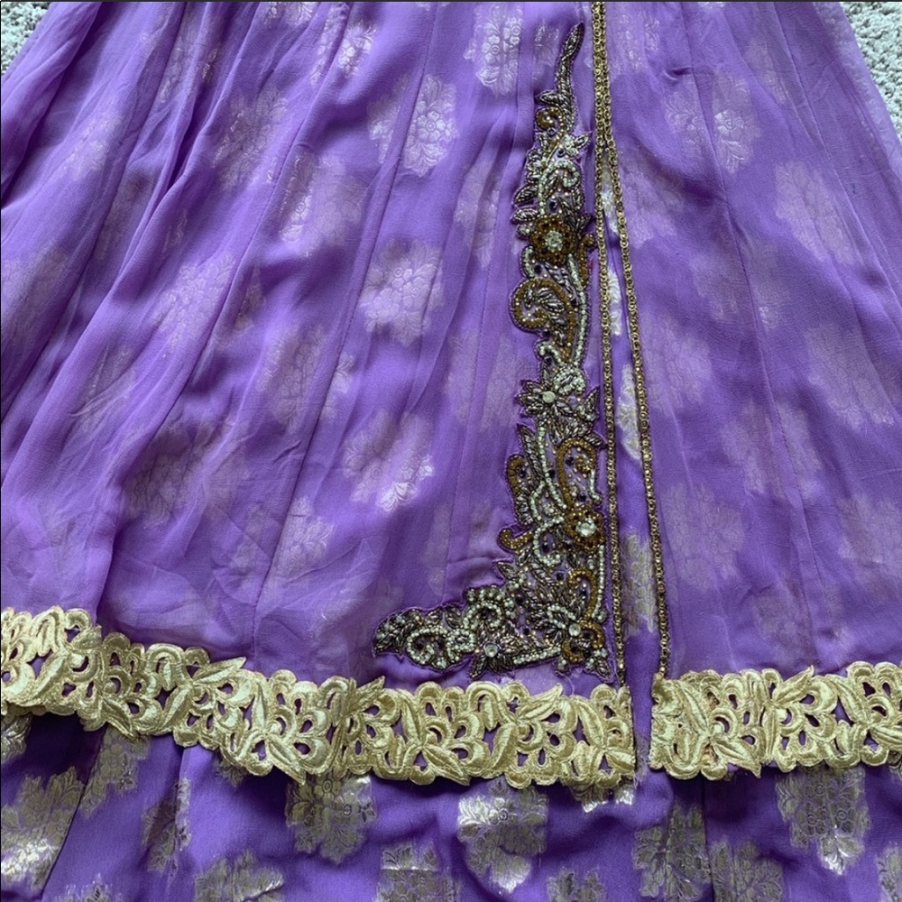 Lavender/Gold Embroidered Tiered Anarkali Dress - Picture 3 of 8
